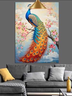 Artmeg Tavus Kuşu Rengarenk Tüyler Canlı Dekoratif Kanvas - Mdf Ahşap Tablo