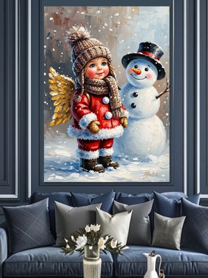 Artmeg Kardan Adam ve Noel Kız Çocuğu Dekoratif Kanvas - Mdf Ahşap Tablo