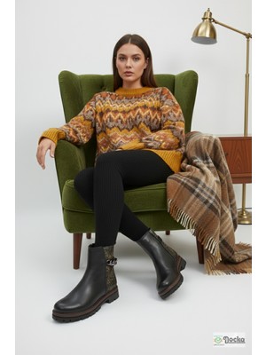 Mammamia Mammimia Kadın Leopar Desenli Hakiki Deri Ortopedik Fermuarlı Düz Kalın Taban Günlük Bot M26/KB4240