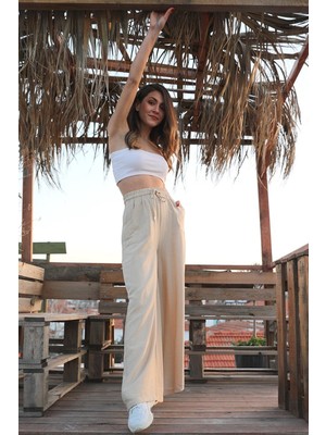 Isawella Geniş Kemerli Bol Paça Düz Keten Kadın Pantolon - Taş