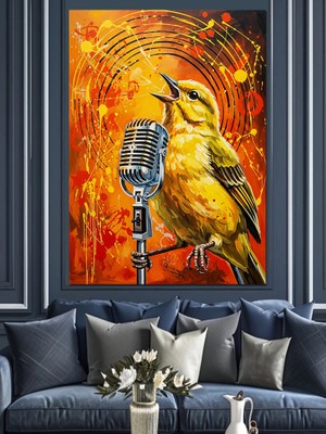 Artmeg Sarı Kuş Müzik Notaları Dekoratif Kanvas - Mdf Ahşap Tablo