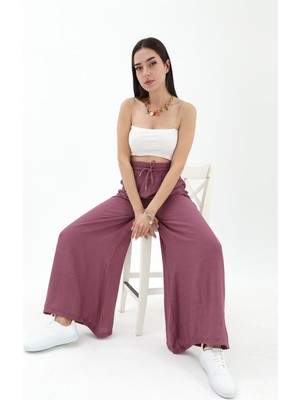 Isawella Geniş Kemerli Bol Paça Düz Keten Kadın Pantolon - Lila