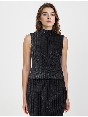 Jimmy Key Siyah Dik Yaka Kolsuz Pamuklu Örme Triko Bluz