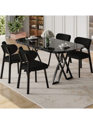 Canisa Axton Serisi Sabit Mdf 90X168 Siyah Mermer Desen Mutfak Masa Takımı 4 Siyah Sandalye