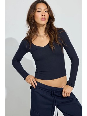 Madmext Lacivert V Yaka Uzun Kollu Kaşkorse Body MG2192