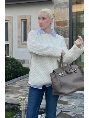 Madmext Ekru Bisiklet Yaka Örme Triko Kazak MG2262