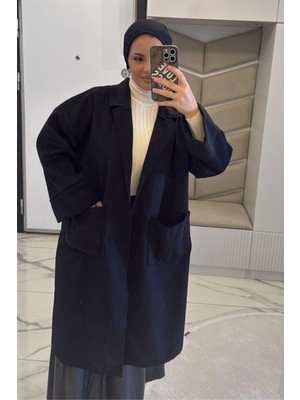 Megapol Giyim Kadın Siyah Duble Kol Kruvaze Yaka Kaban