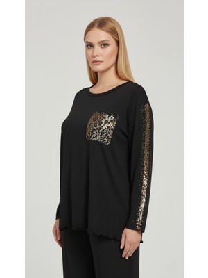 Şuranur Taş Desenli Uzun Kollu Bambu Viskon Kumaş Bluz