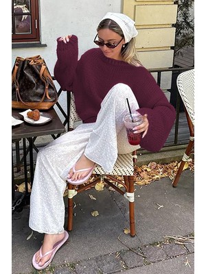 Madmext Bordo Balon Kol Rahat Kesim Kadın Triko Kazak MG2602