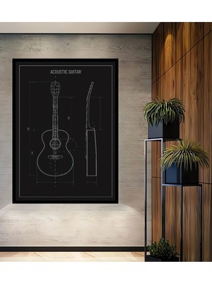 Teona Ahşap Çerçeve Görünümlü Akustik Gitar Çizim Dekoratif Ahşap Mdf Ev Duvar Tablo Dikdörtgen Ev Duvar Tablo