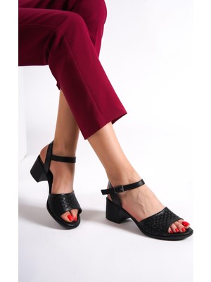 Modabuymus Lita Hakiki Deri Siyah Kalın Topuklu Günlük Sandalet