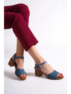 Modabuymus Lita Hakiki Deri Mavi Kalın Topuklu Günlük Sandalet