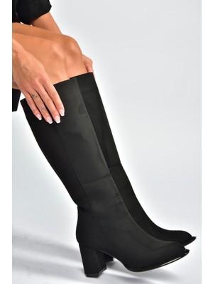 Fox Shoes V590179602 Siyah Süet Kalın Topuklu Klasik Kadın Çizme