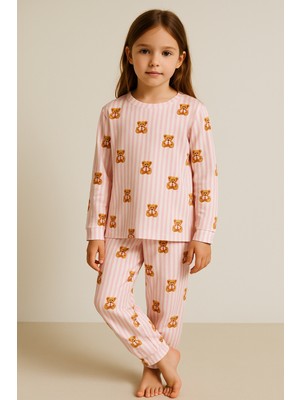 Kız Çocuk Teddy Desenli Pijama Takımı Pembe