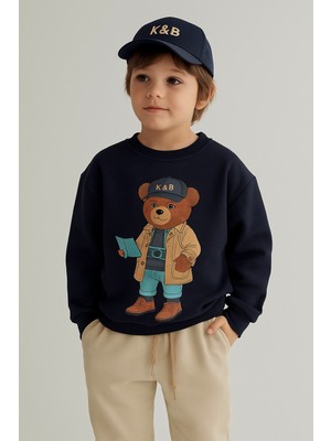 Çocuk Şapkalı Teddy Desenli Eşofman Takımı