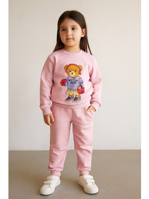 Kız Çocuk Teddy Desenli Eşofman Takımı Pembe