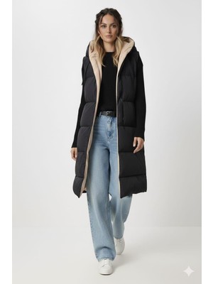 Kadın Çift Taraflı Kapüşonlu Cepli Krem-Siyah  Yelek