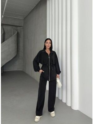 Siyah Kadın Bel Lastik Detaylı Cepli Fermuar Kapamalı Oversize Modal Alt Üst Takım