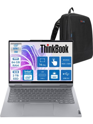 Lenovo Thinkbook 14 2-In-1 G5 Iau Intel Core Ultra 7 255U 64GB Ddr5 2tb SSD Freedos Dokunmatik 14 Inç Wuxga (1920 x 1200) IPS 300NITS NP21SQ002TTXF39 + Zetta Çanta