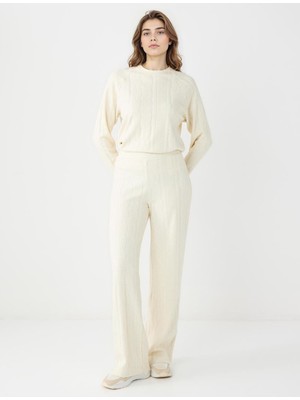 Jimmy Key Bej Yüksek Bel Saç Örgü Desenli Örme Pantolon