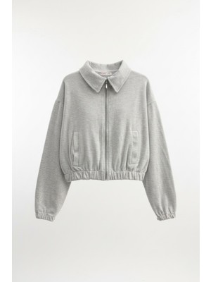 Mixray 4764 Kadın Basic Fermuarlı Fitilli Örme Selanik Ceket Gri