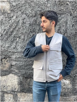 Baw Company Erkek Yazlık Keten Kumaş Avcı Yelek Çok Cepli 7 Cep