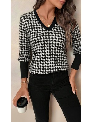 Arben Boutique Kadın Uzun Kollu V Yakalı Desenli Süprem Bluz