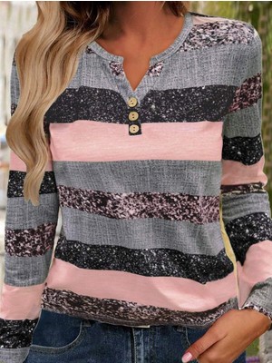 Nidam Butik Kadın Uzun Kollu Yakadan Düğmeli Çizgili Desenli Süprem Bluz