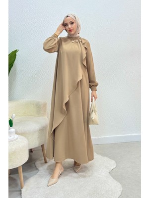 Tesettür Diyarı Krep Kumaş Yakası Inci Detaylı Levanur Elbise- Vizon