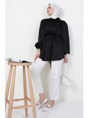 Giza Store Gizli Düğmeli Saten Gömlek Siyah