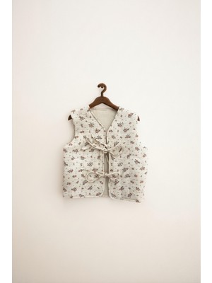 Magu Kız Çocuk Pamuklu Krem Çiçek Desenli Bağlamalı Yelek - Yumuşak Dokulu, Astarlı Tasarım