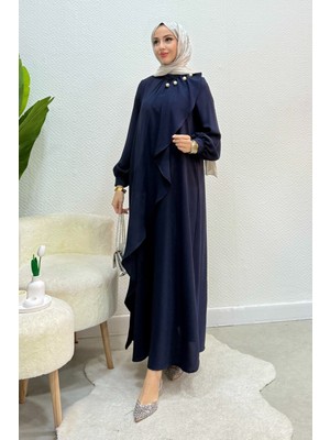 Tesettür Diyarı Krep Kumaş Yakası Inci Detaylı Levanur Elbise- Lacivert