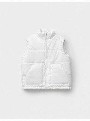 Magu Unisex Çocuk Pamuklu Beyaz Şişme Yelek - Fermuarlı Cepli Kapitone Model