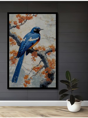 Teona Ahşap Çerçeve Görünümlü Mavi Kuş Sonbahar Ahşap Mdf Dekoratif