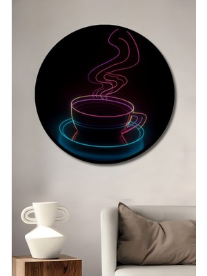 Teona Ahşap Çerçeve Görünümlü Neon Kahve Fincanı Dekoratif Ahşap Mdf   Yuvarlak
