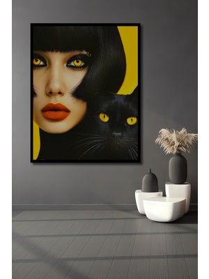 Teona Ahşap Çerçeve Görünümlü Kedi Kadın Ahşap Mdf Dekoratif  Dikdörtgen