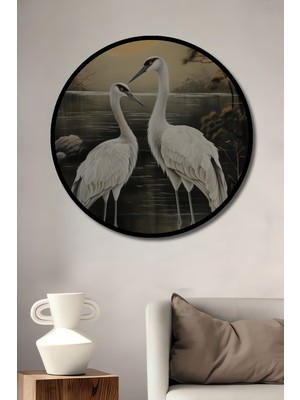 Teona Ahşap Çerçeve Görünümlü Dekoratif Ahşap Mdf  Zarif Turna Kuşları Gölet Manzarası Yuvarlak