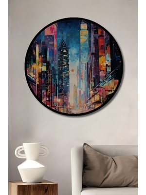 Teona Ahşap Çerçeve Görünümlü Gece Işıltısında Şehir Manzaralı Ahşap Mdf Dekoratif  Yuvarlak