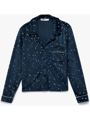 Koton Rahat Kalıp Uzun Kollu Gömlek Yaka Yıldızlı Kadife Pijama Üstü