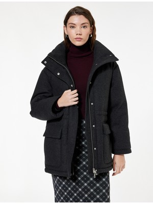 Koton Koyun Yünü Karışımlı Cepli Dik Yaka Uzun Kollu Oversize Kaşe Mont