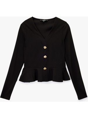 Koton Aksesuar Düğme Detaylı Uzun Kollu Slim Fit Peplum Kesim V Yaka Hırka