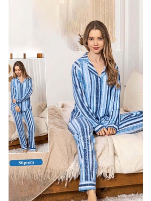 Remsa Kadın Çizgili Desen Düğmeli Suprem Pijama Takımı 0324 Mavi