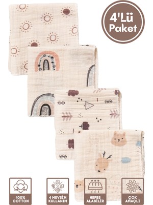 Miniel Organic Unisex Bebek %100 Organik Pamuklu Baskılı Müslin Bebek Ağız Mendili & Ter Bezi 4lü Set 25X25 cm