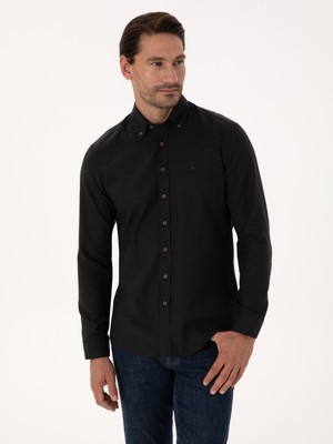 Cacharel Erkek Siyah Slim Fit %100 Pamuk Yakası Düğmeli Flanel Gömlek 50313122-VR046
