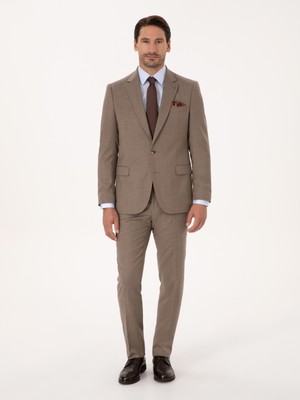 Cacharel Erkek Camel Slim Fit Yün Karışımlı Mikro Desenli Klasik Pantolon 50310020-VR015