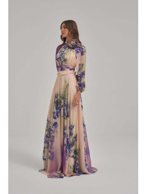 Crystalia Özel Mor Desen Çiçek Motifli Şifon Elbise