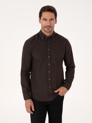 Cacharel Erkek Koyu Kahverengi Slim Fit %100 Pamuk Yakası Düğmeli Flanel Gömlek 50313122-VR084