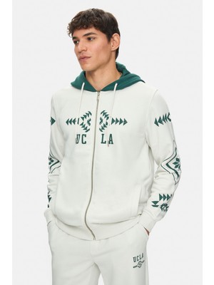 Ucla SPENCER Kemik Rengi Kapüşonlu Pamuklu Baskılı Fermuarlı Standard Fit Erkek Sweatshirt