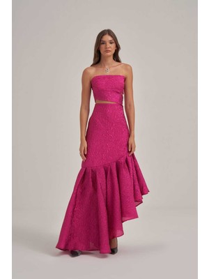 Crystalia Straplez Çapraz Detaylı Fuşya Elbise