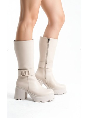 Zerenyus Moki Premium Bej V Detaylı Yüksek Rahat Topuklu Kısa Çizme